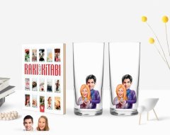 Kişiye Özel Renkli Baskılı Sevgililer Karikatürlü İkili Rakı Bardağı ve Rakı Cep Kitabı Hediye Seti-89