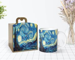 Kişiye Özel Ahşap Kutuda The Starry Night Vincent Van Gogh Tasarımlı Beyaz Kupa Bardak-1