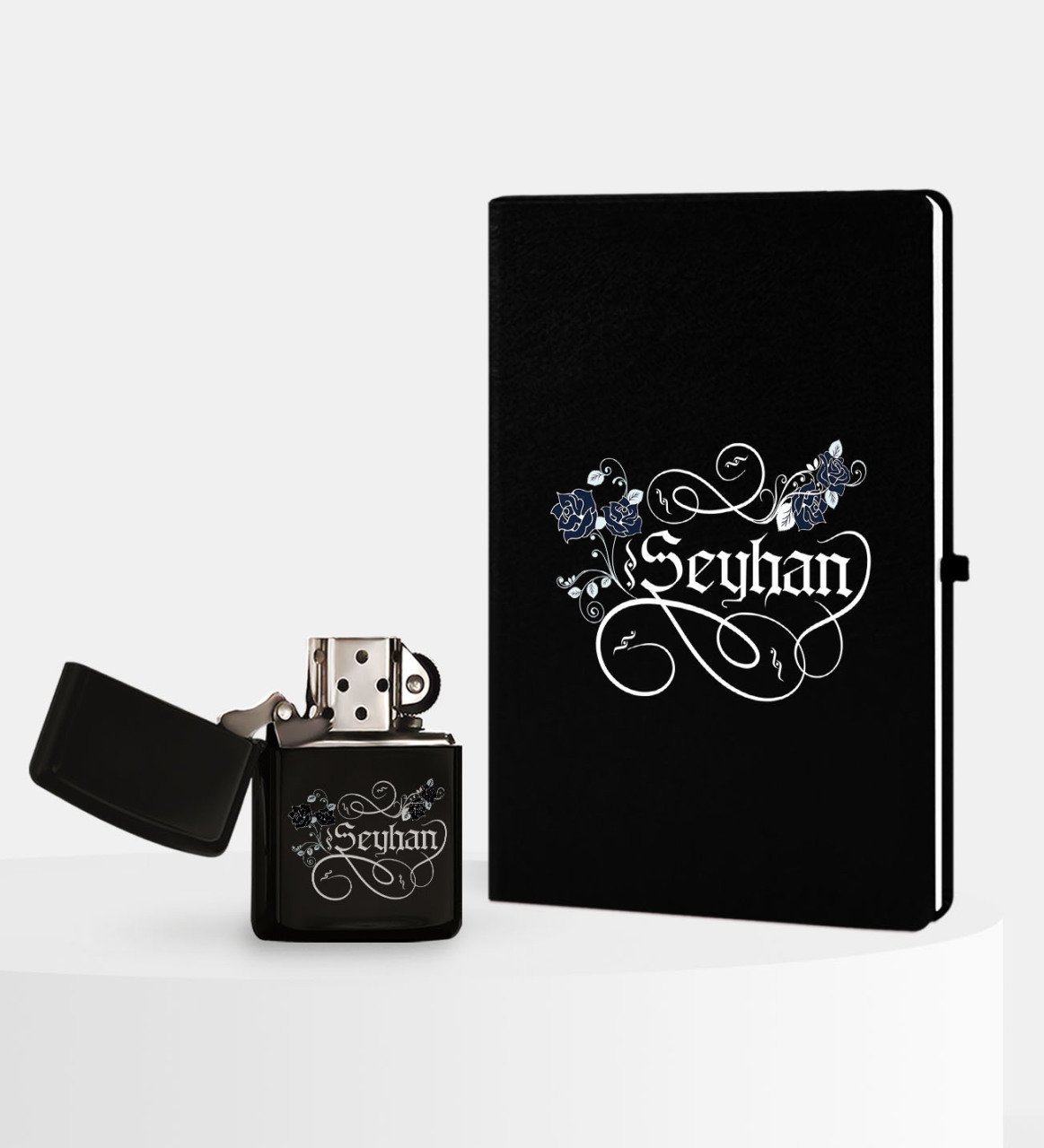 Kişiye Özel İsimli Siyah Defter ve Benzinli Çakmak Seti - 6