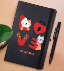 BK Gift Kişiye Özel Love Tasarımlı Siyah Defter ve Metal Versatil Kalem(0,7 Kurşun) Hediye Seti-1