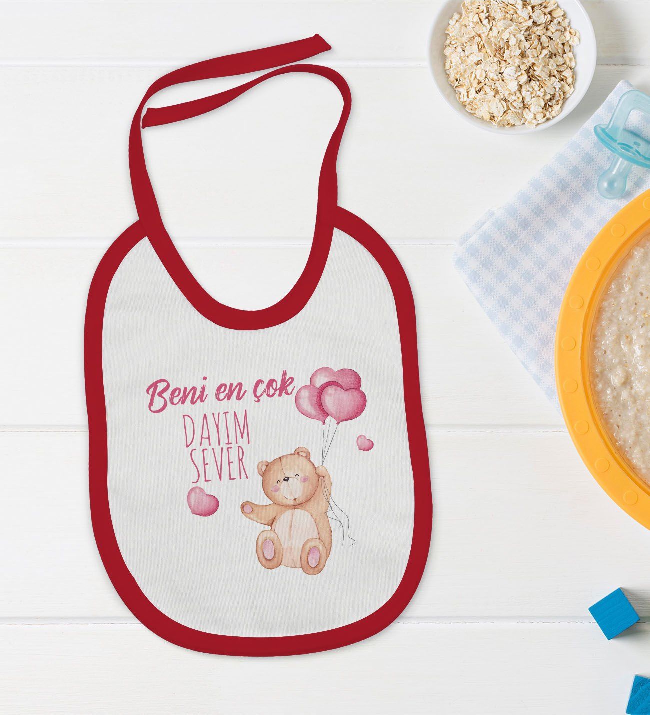 BK Kids Beni En Çok Dayım Sever Tasarımlı Kırmızı Bebek Mama Önlüğü-1