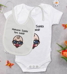 BK Kids Mekanın Sahibi Yeni Geldi Tasarımlı Bebek Body Zıbın ve Mama Önlüğü Hediye Seti - Model 1