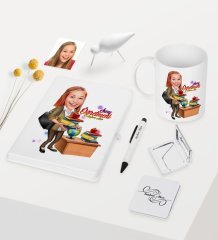 Kişiye Özel Bayan Öğretmen Temalı Karikatürlü Beyaz Defter Kalem Kupa Ayna Seti - 4