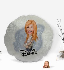 Kişiye Özel İsimli Kadın Karikatürlü Yuvarlak Dekoratif Kırlent Yastık-11