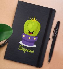 BK Gift Kişiye Özel Kaktüs Tasarımlı Siyah Defter ve Metal Versatil Kalem(0,7 Kurşun) Hediye Seti-10