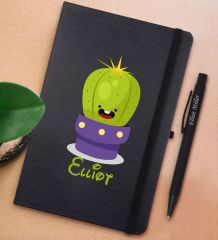 BK Gift Kişiye Özel Kaktüs Tasarımlı Siyah Defter ve Metal Versatil Kalem(0,7 Kurşun) Hediye Seti-10