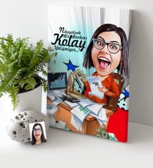 Kişiye Özel Bayan Bankacı Karikatür Kanvas Tablo (30 x 50 cm.) 1