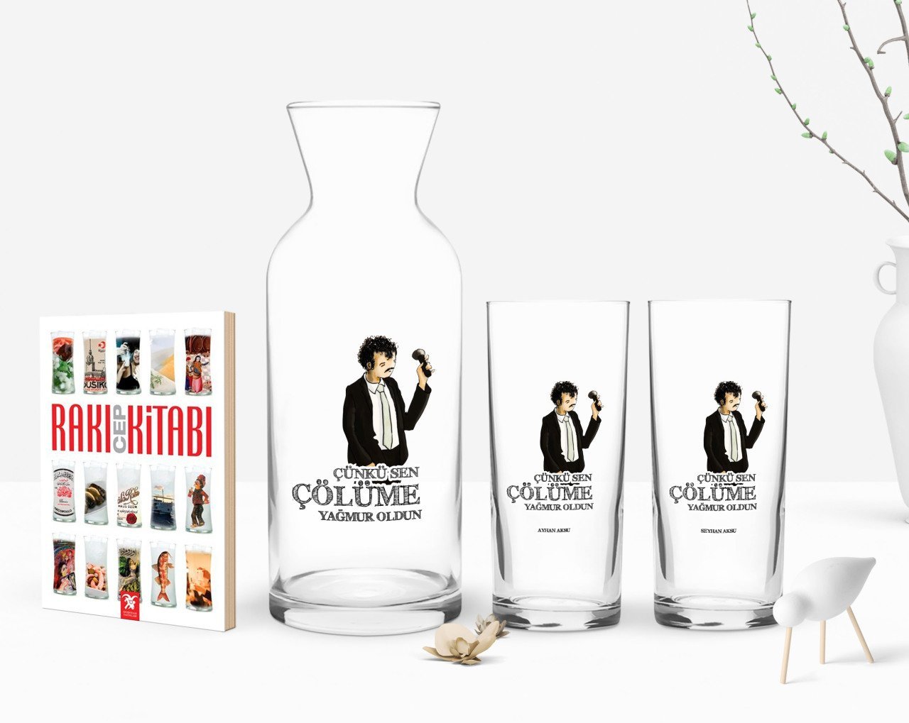 Kişiye Özel Renkli Baskılı Çünkü Sen Çölüme Yağmur Oldun Tasarımlı İkili Rakı Bardağı Karaf ve Cep Kitabı Hediye Seti-2
