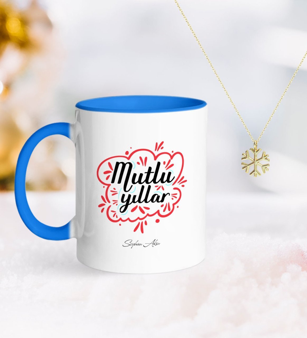 Kişiye Özel Yılbaşı Mutlu Yıllar Mavi Kupa ve Kar Tanesi Kolye-3