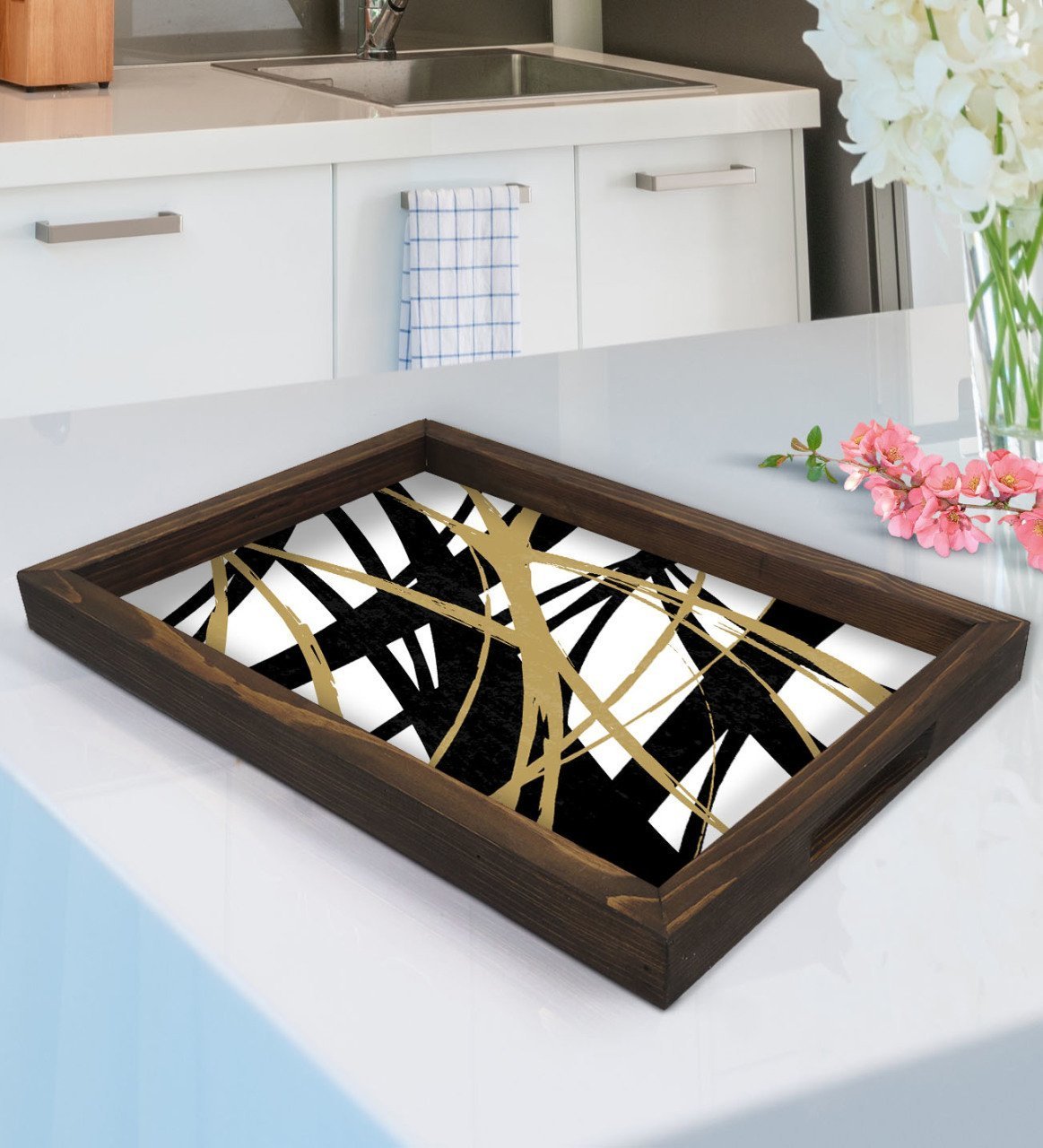 BK Gift Modern Art Tasarımlı Doğal Ahşap Tepsi-16