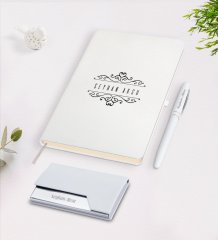 Kişiye Özel İsimli Beyaz Defter Kalem Kartvizitlik Hediye Seti-9