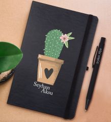BK Gift Kişiye Özel Kaktüs Tasarımlı Siyah Defter ve Metal Versatil Kalem(0,7 Kurşun) Hediye Seti-6