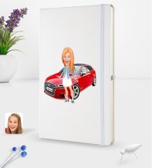 Kişiye Özel Plakalı Kadın Audi A3 Karikatürlü Beyaz Termo Deri Defter 16x24cm Model 1