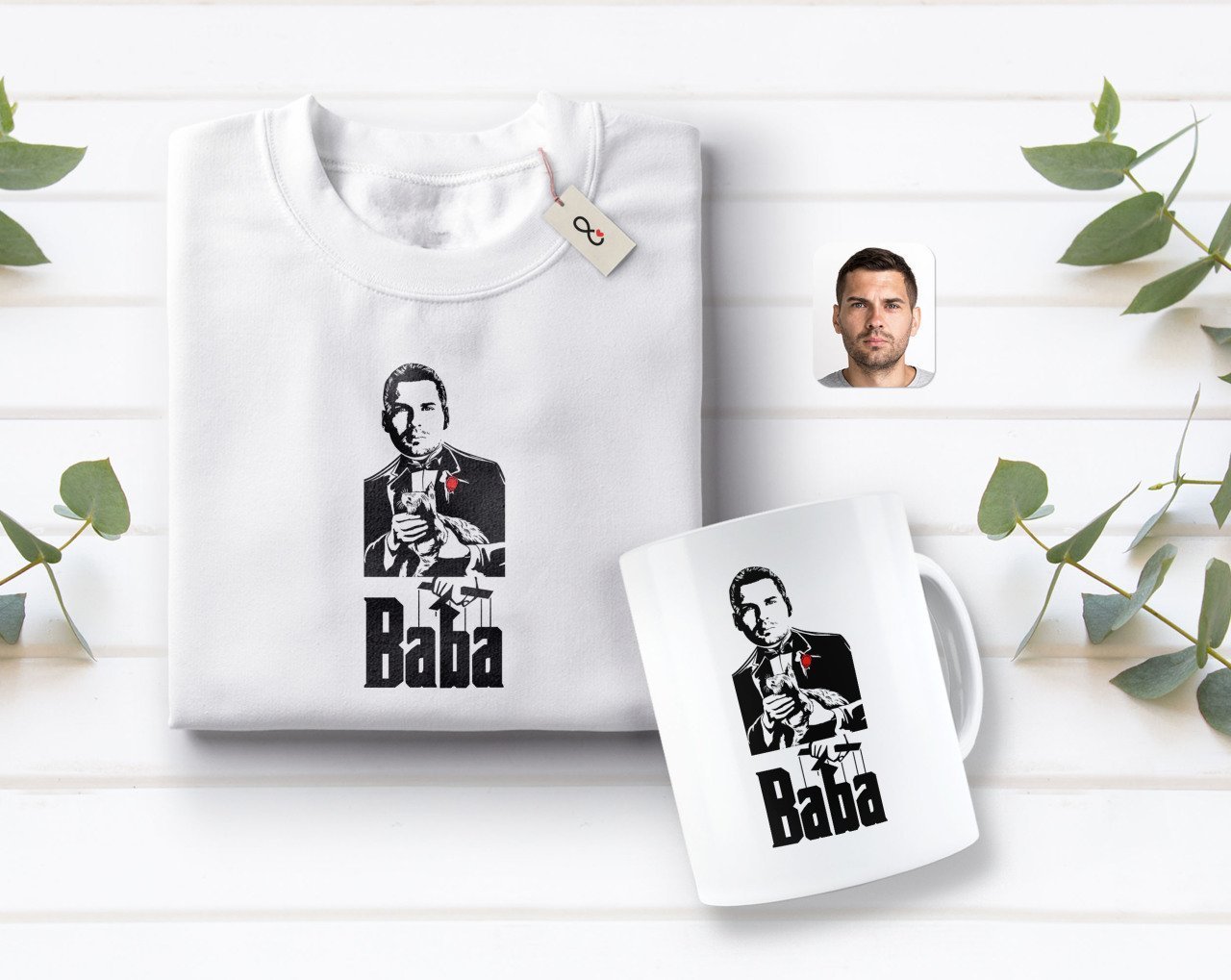 Kişiye Özel Godfather Baba Tasarımlı Beyaz Tişört ve Kupa Seti-2