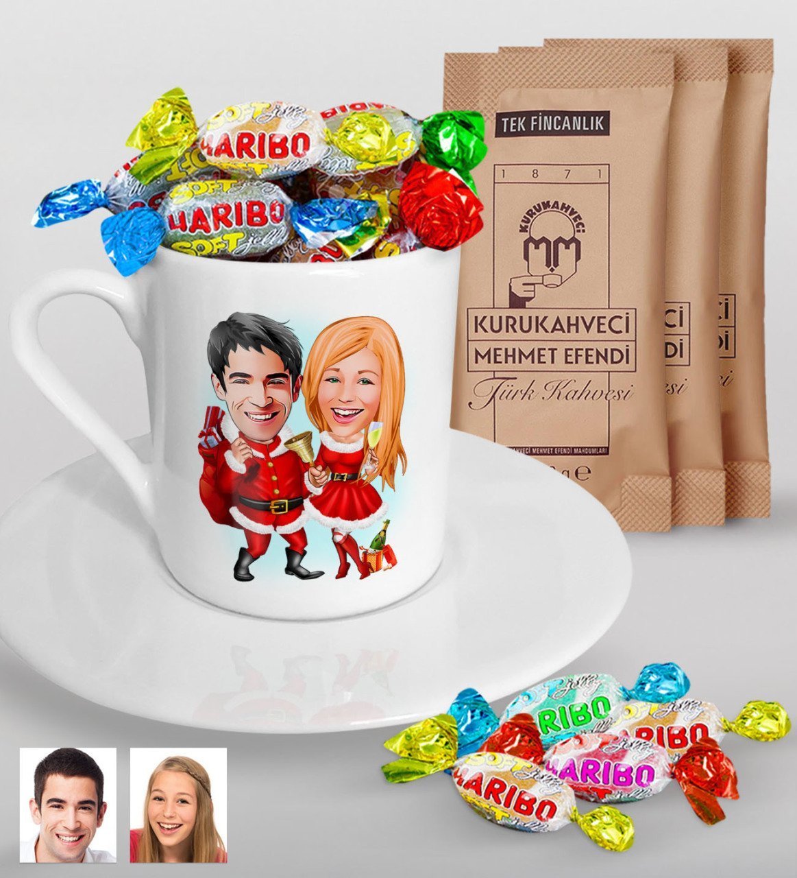 Kişiye Özel Yeni Yıl Sevgililer Karikatürlü Türk Kahvesi Fincanı Mehmet Efendi Kahve ve Haribo Şeker Hediye Seti-3