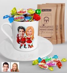 Kişiye Özel Yeni Yıl Sevgililer Karikatürlü Türk Kahvesi Fincanı Mehmet Efendi Kahve ve Haribo Şeker Hediye Seti-3
