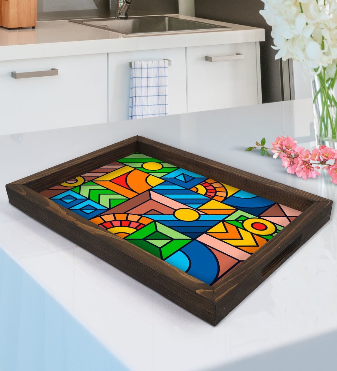 BK Gift Modern Art Tasarımlı Doğal Ahşap Tepsi-15