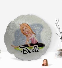Kişiye Özel İsimli Kadın Yoga Karikatürlü Yuvarlak Dekoratif Kırlent Yastık-1
