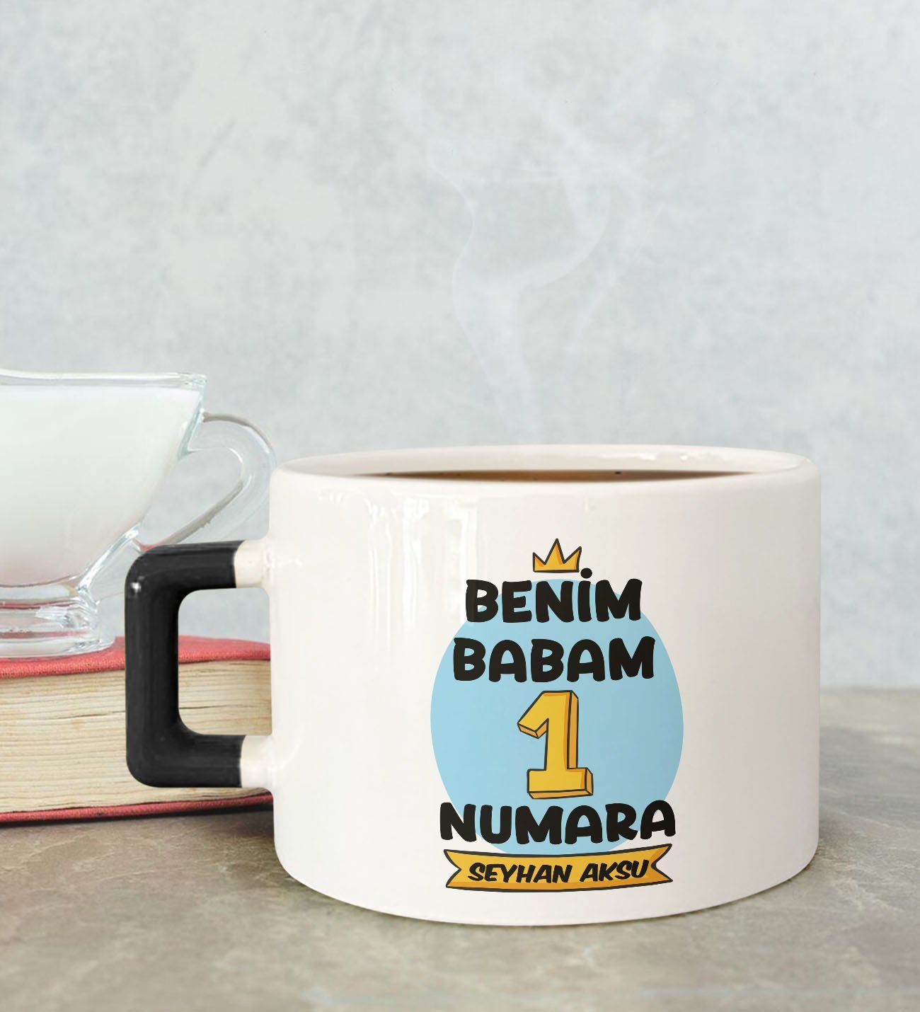 BK Gift Kişiye Özel Babalar Günü Tasarımlı Siyah Kulplu Çay & Kahve Fincanı-13, Babaya Hediye, Babalar Günü Hediyesi
