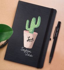 BK Gift Kişiye Özel Kaktüs Tasarımlı Siyah Defter ve Metal Versatil Kalem(0,7 Kurşun) Hediye Seti-5