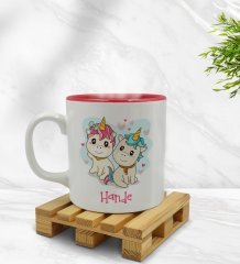 Kişiye Özel Sevimli Çiftler Tasarımlı İçi Kırmızı Renkli Kupa Bardak Model 5