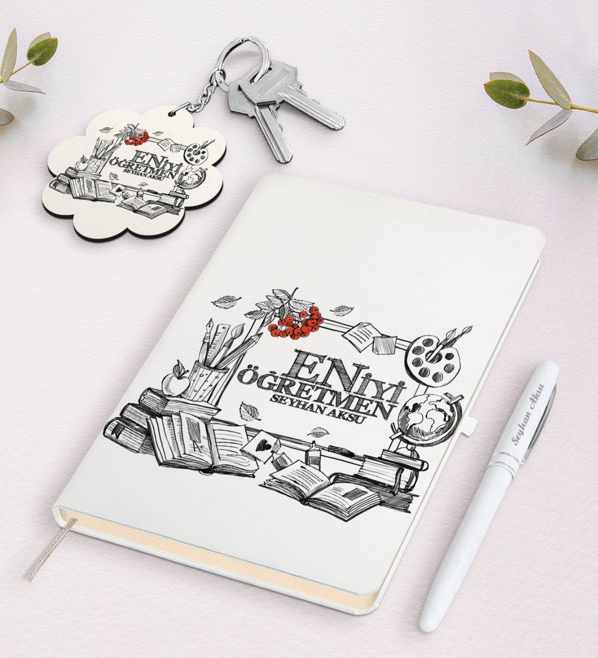 Kişiye Özel En İyi Öğretmen Beyaz Defter Kalem Ve Anahtarlık Hediye Seti-8