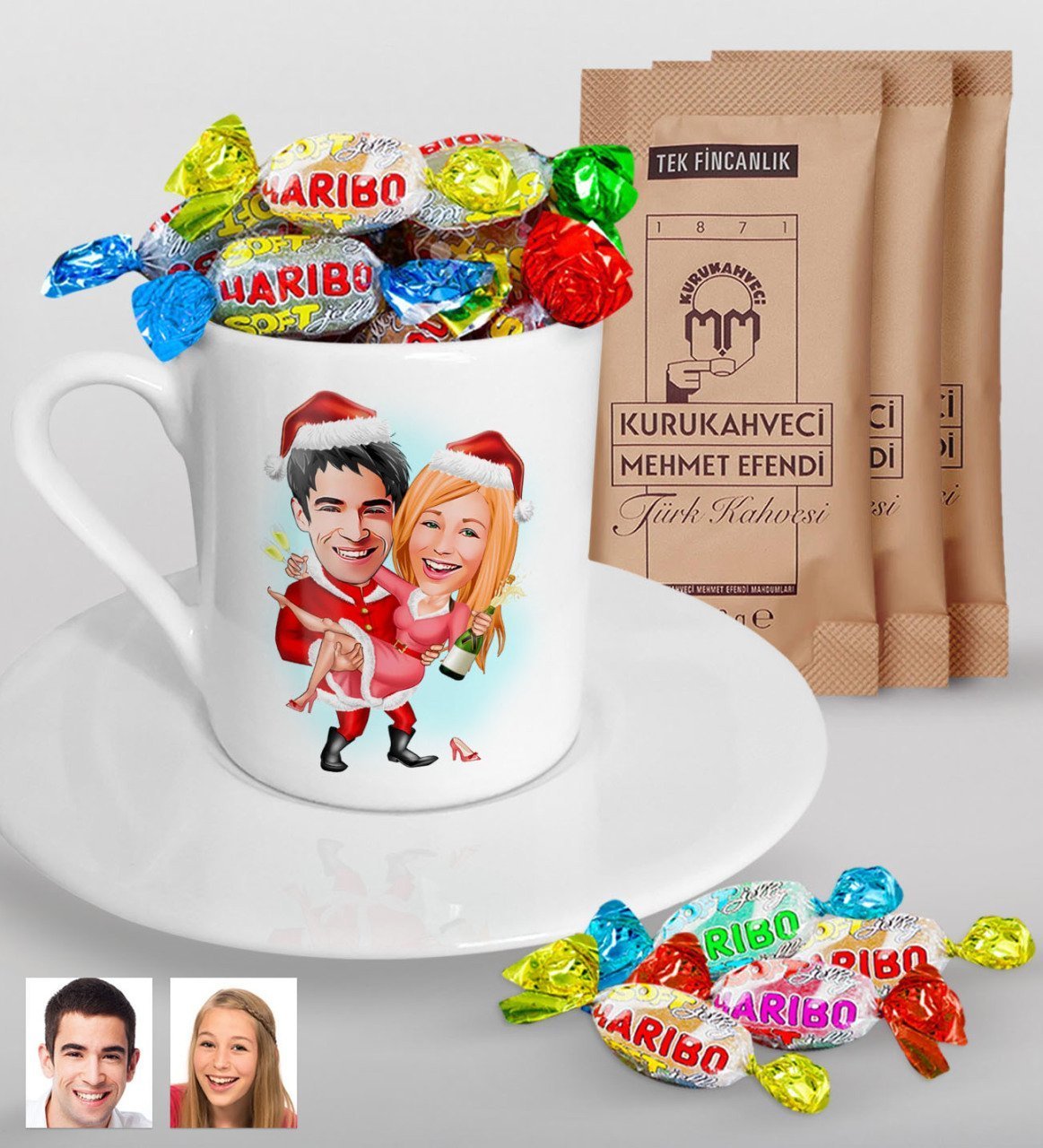 Kişiye Özel Yeni Yıl Sevgililer Karikatürlü Türk Kahvesi Fincanı Mehmet Efendi Kahve ve Haribo Şeker Hediye Seti-2