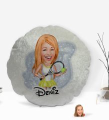 Kişiye Özel İsimli Kadın Tenis Oyuncusu Karikatürlü Yuvarlak Dekoratif Kırlent Yastık-2