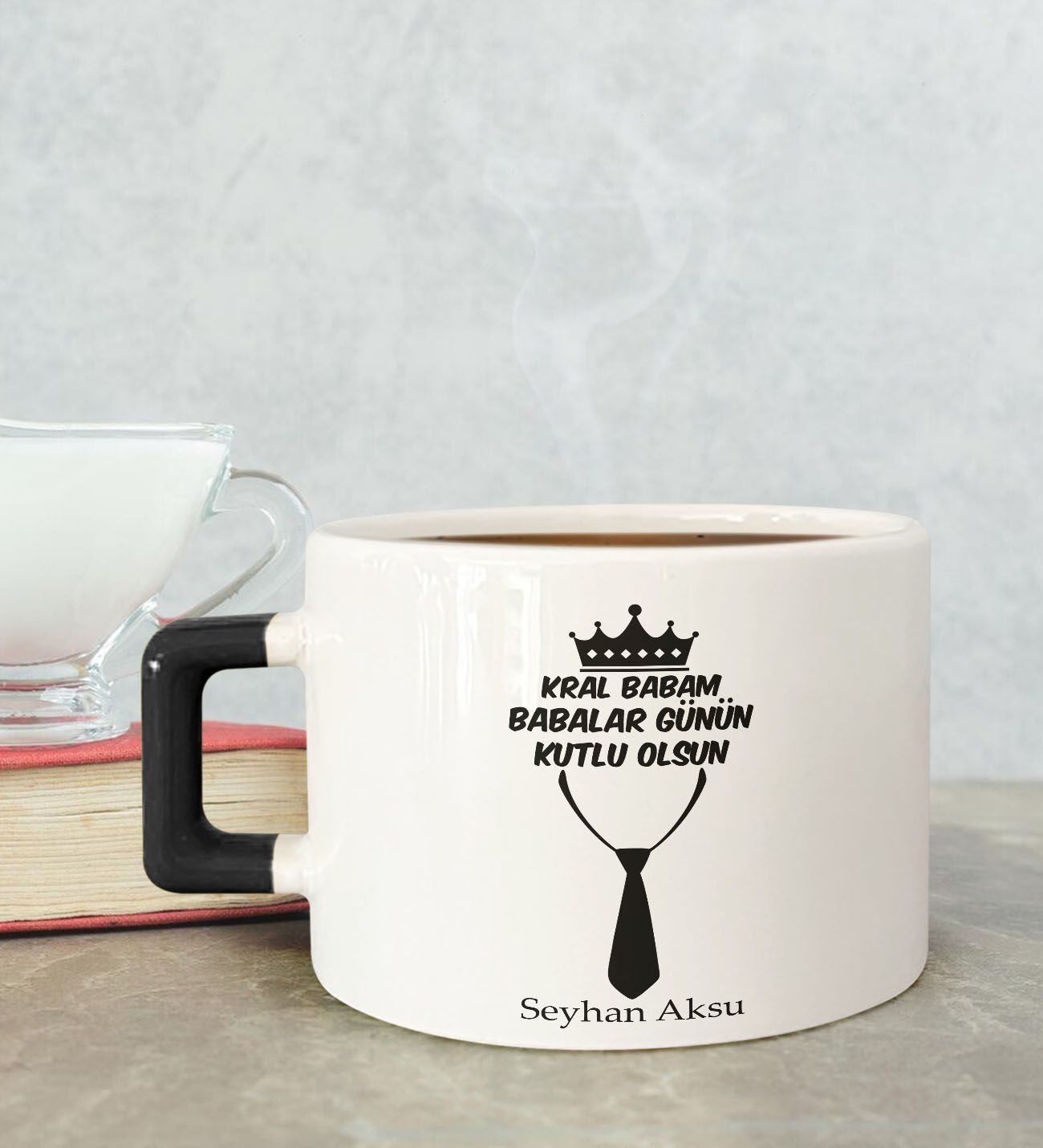 BK Gift Kişiye Özel Babalar Günü Tasarımlı Siyah Kulplu Çay & Kahve Fincanı-12, Babaya Hediye, Babalar Günü Hediyesi