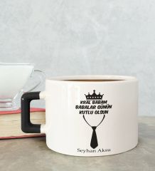 BK Gift Kişiye Özel Babalar Günü Tasarımlı Siyah Kulplu Çay & Kahve Fincanı-12, Babaya Hediye, Babalar Günü Hediyesi