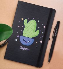 BK Gift Kişiye Özel Kaktüs Tasarımlı Siyah Defter ve Metal Versatil Kalem(0,7 Kurşun) Hediye Seti-4