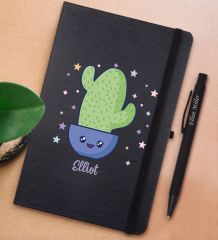 BK Gift Kişiye Özel Kaktüs Tasarımlı Siyah Defter ve Metal Versatil Kalem(0,7 Kurşun) Hediye Seti-4