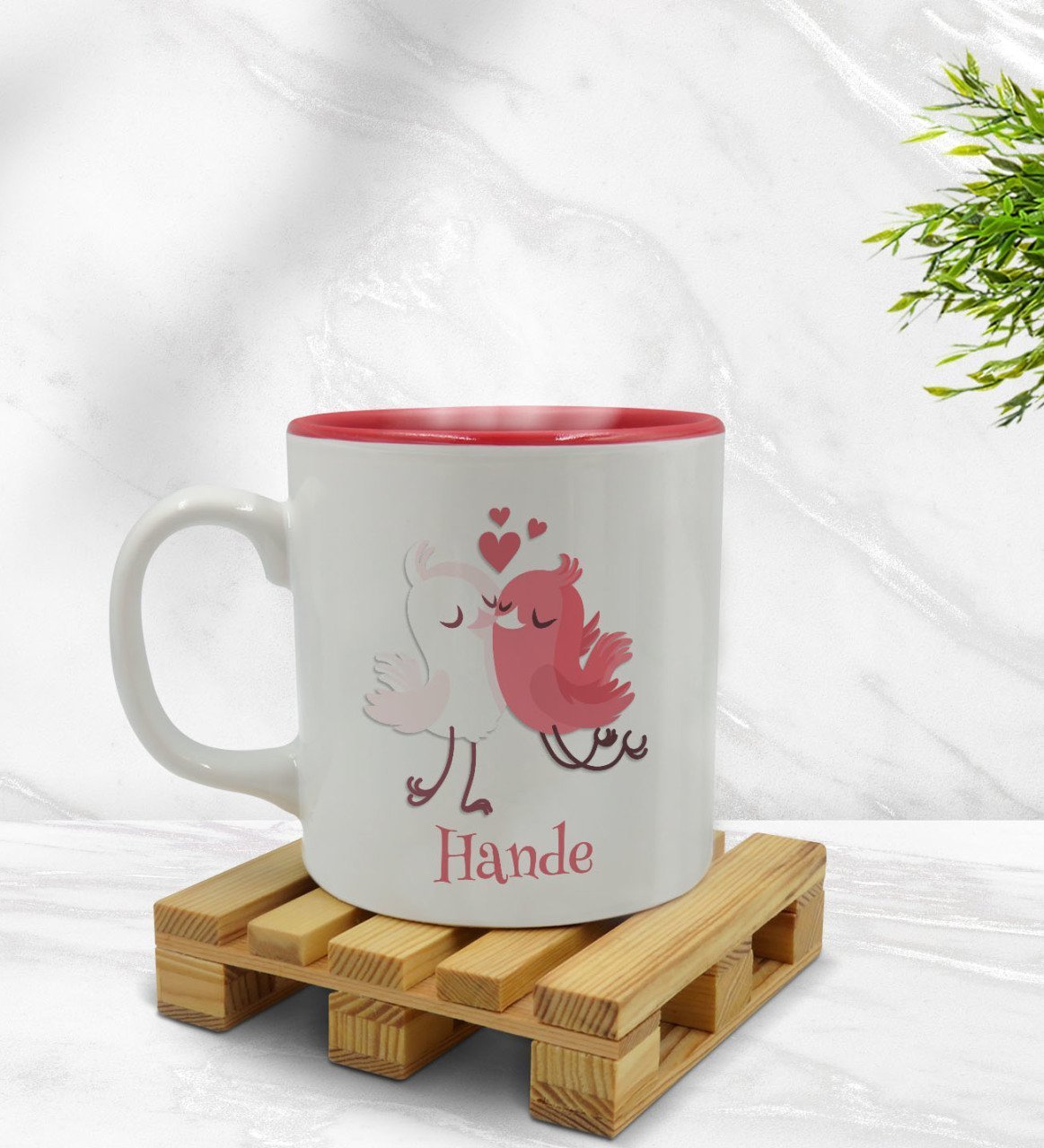Kişiye Özel Sevimli Çiftler Tasarımlı İçi Kırmızı Renkli Kupa Bardak Model 4