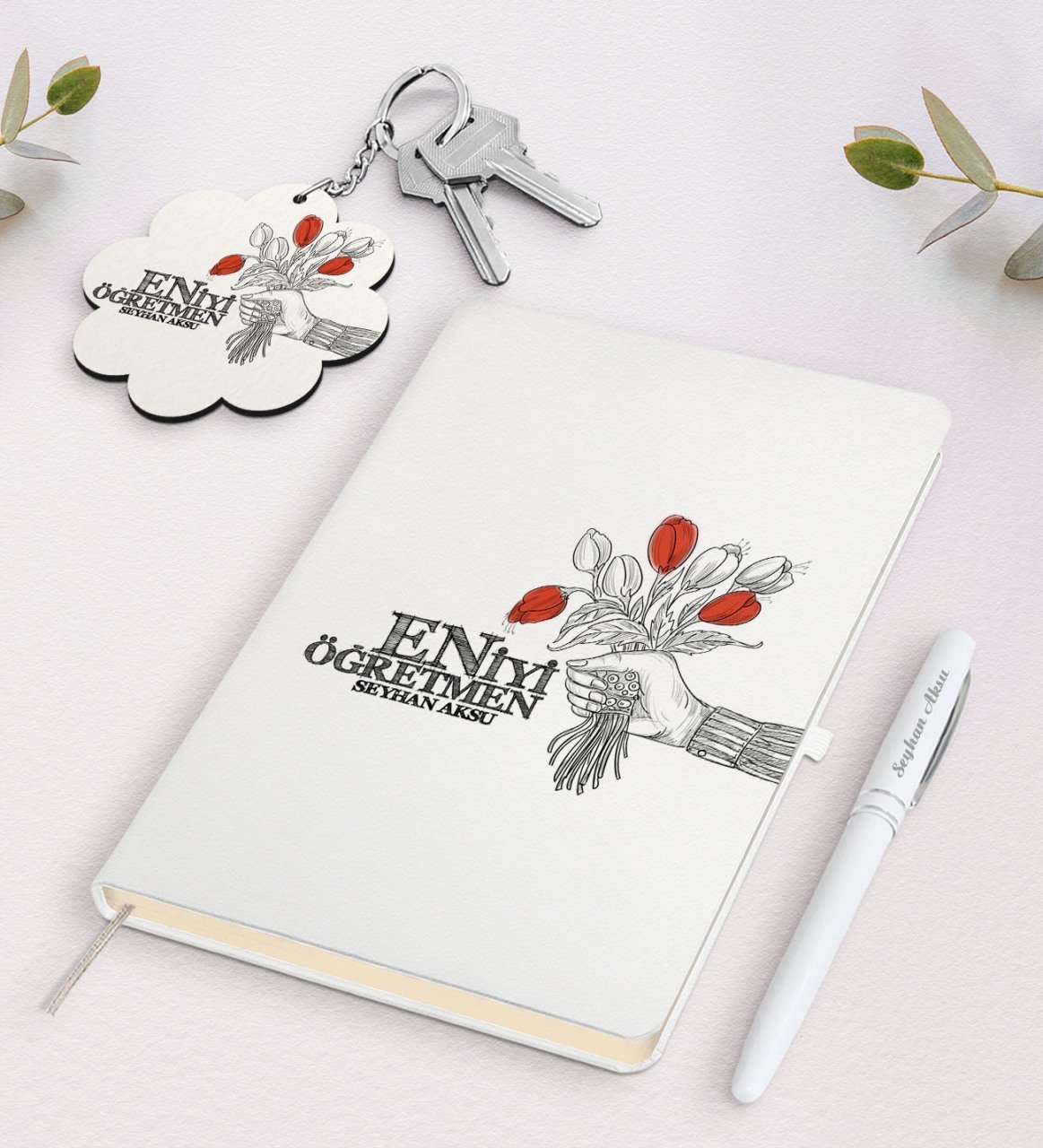 Kişiye Özel En İyi Öğretmen Beyaz Defter Kalem Ve Anahtarlık Hediye Seti-7