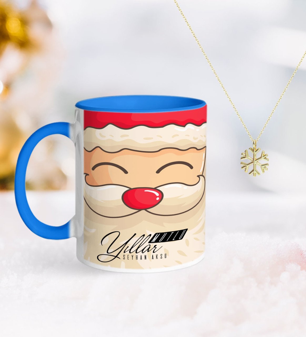 Kişiye Özel Noel Baba Mavi Kupa ve Kar Tanesi Kolye-6