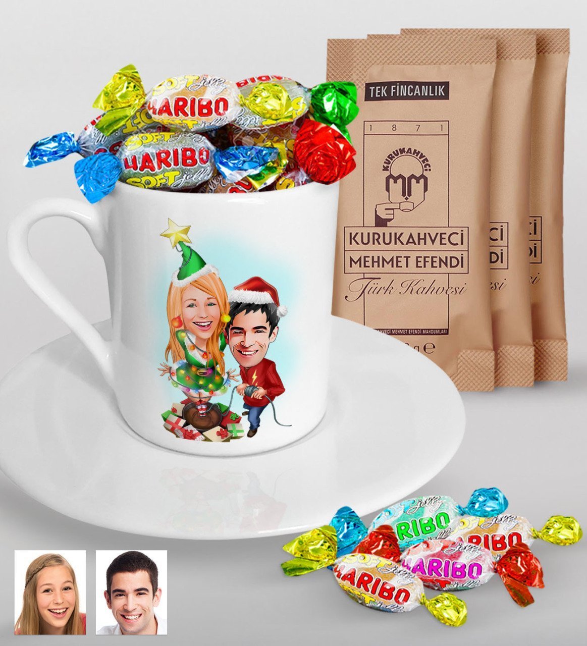Kişiye Özel Yeni Yıl Sevgililer Karikatürlü Türk Kahvesi Fincanı Mehmet Efendi Kahve ve Haribo Şeker Hediye Seti-1