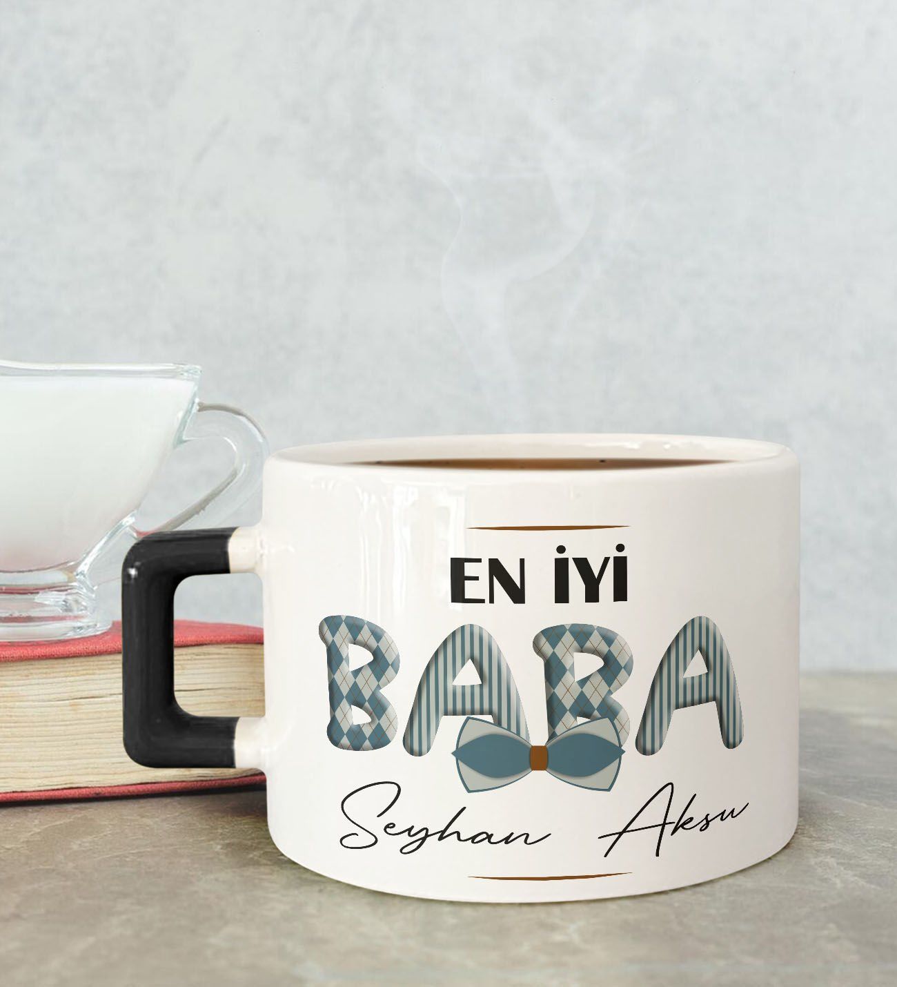 BK Gift Kişiye Özel Babalar Günü Tasarımlı Siyah Kulplu Çay & Kahve Fincanı-11, Babaya Hediye, Babalar Günü Hediyesi
