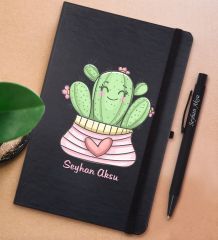 BK Gift Kişiye Özel Kaktüs Tasarımlı Siyah Defter ve Metal Versatil Kalem(0,7 Kurşun) Hediye Seti-2