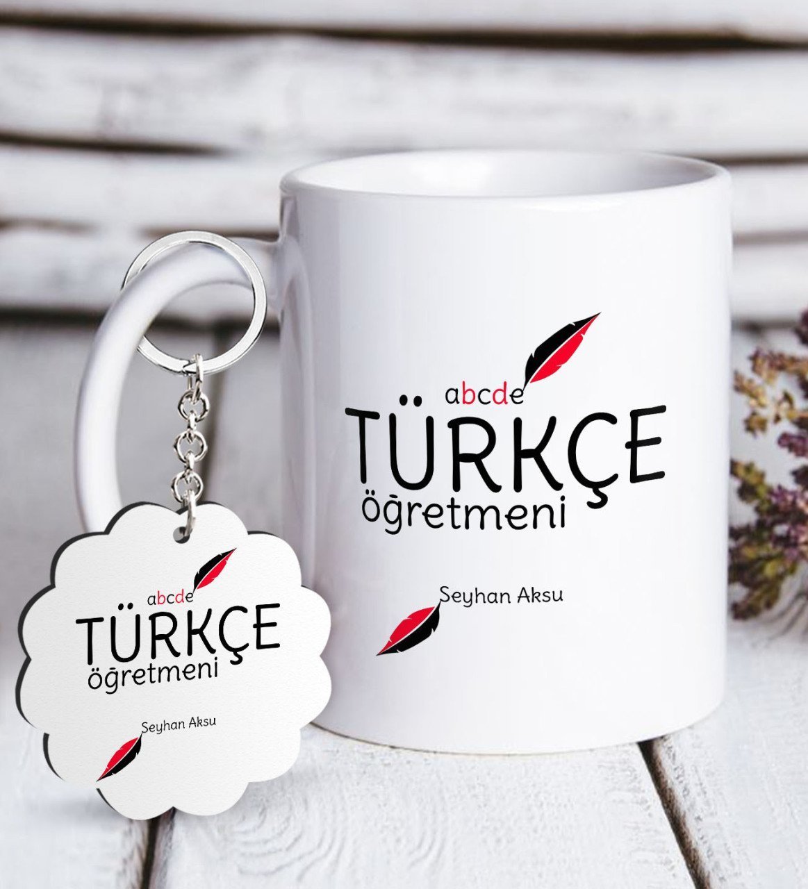 Kişiye Özel Türkçe Öğretmeni Beyaz Kupa ve Anahtarlık Hediye Seti-3