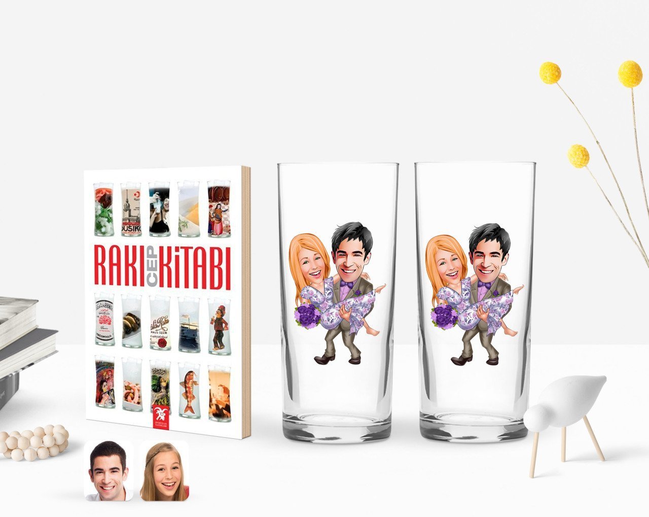 Kişiye Özel Renkli Baskılı Sevgililer Karikatürlü İkili Rakı Bardağı ve Rakı Cep Kitabı Hediye Seti-56