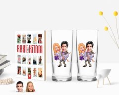 Kişiye Özel Renkli Baskılı Sevgililer Karikatürlü İkili Rakı Bardağı ve Rakı Cep Kitabı Hediye Seti-56
