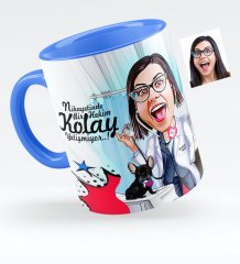 Kişiye Özel Bayan Veteriner Hekim Karikatürlü Mavi Kupa Bardak - 1