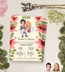 Kişiye Özel Karikatürlü Düğün Davetiyesi Model 85 (100Adet)