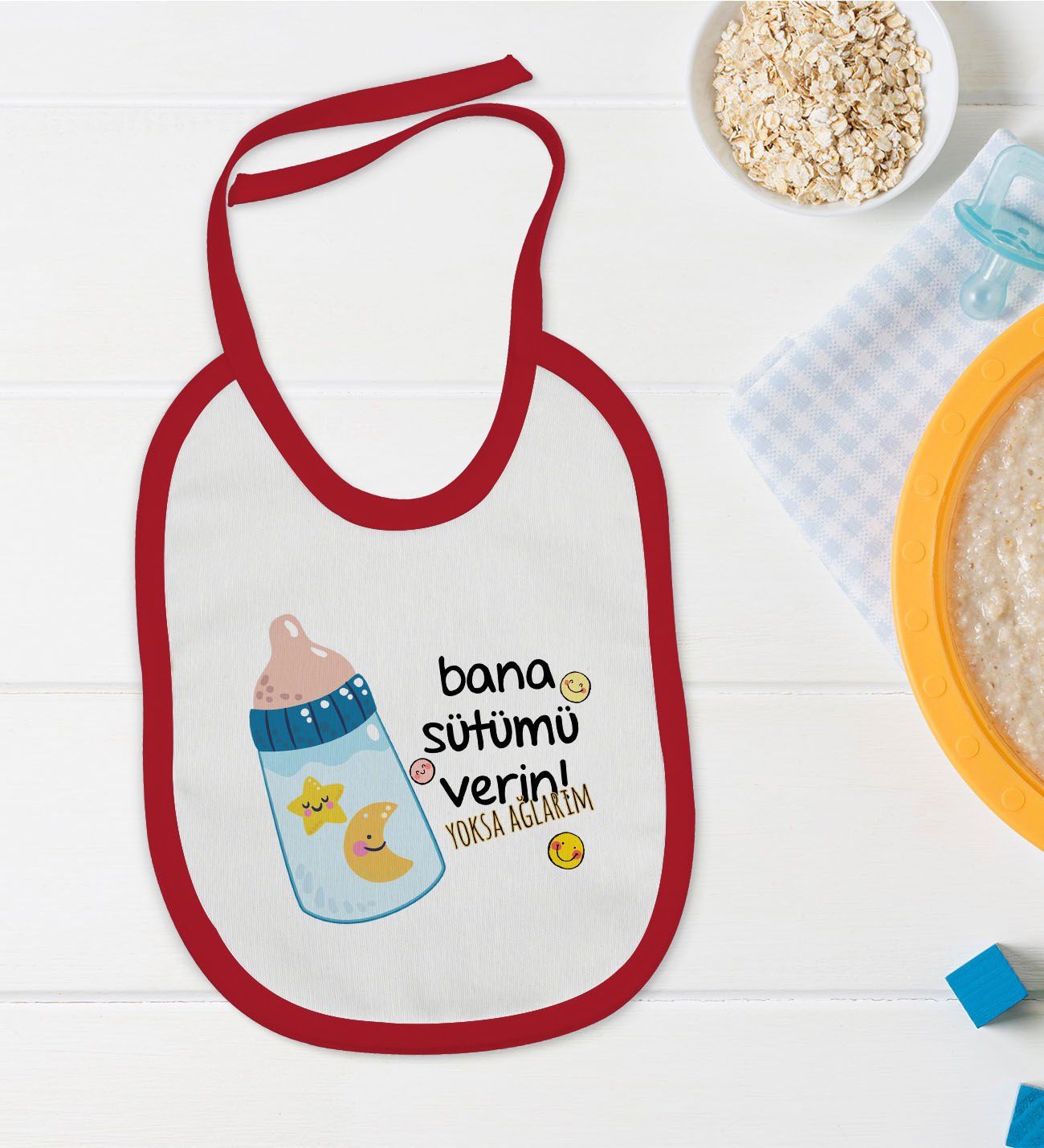 BK Kids Bana Sütümü Verin Tasarımlı Kırmızı Bebek Mama Önlüğü-1
