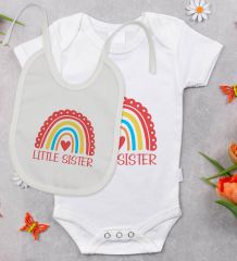 BK Kids Little Sister Tasarımlı Bebek Body Zıbın ve Mama Önlüğü Hediye Seti - Model 1