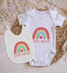 BK Kids Little Sister Tasarımlı Bebek Body Zıbın ve Mama Önlüğü Hediye Seti - Model 1