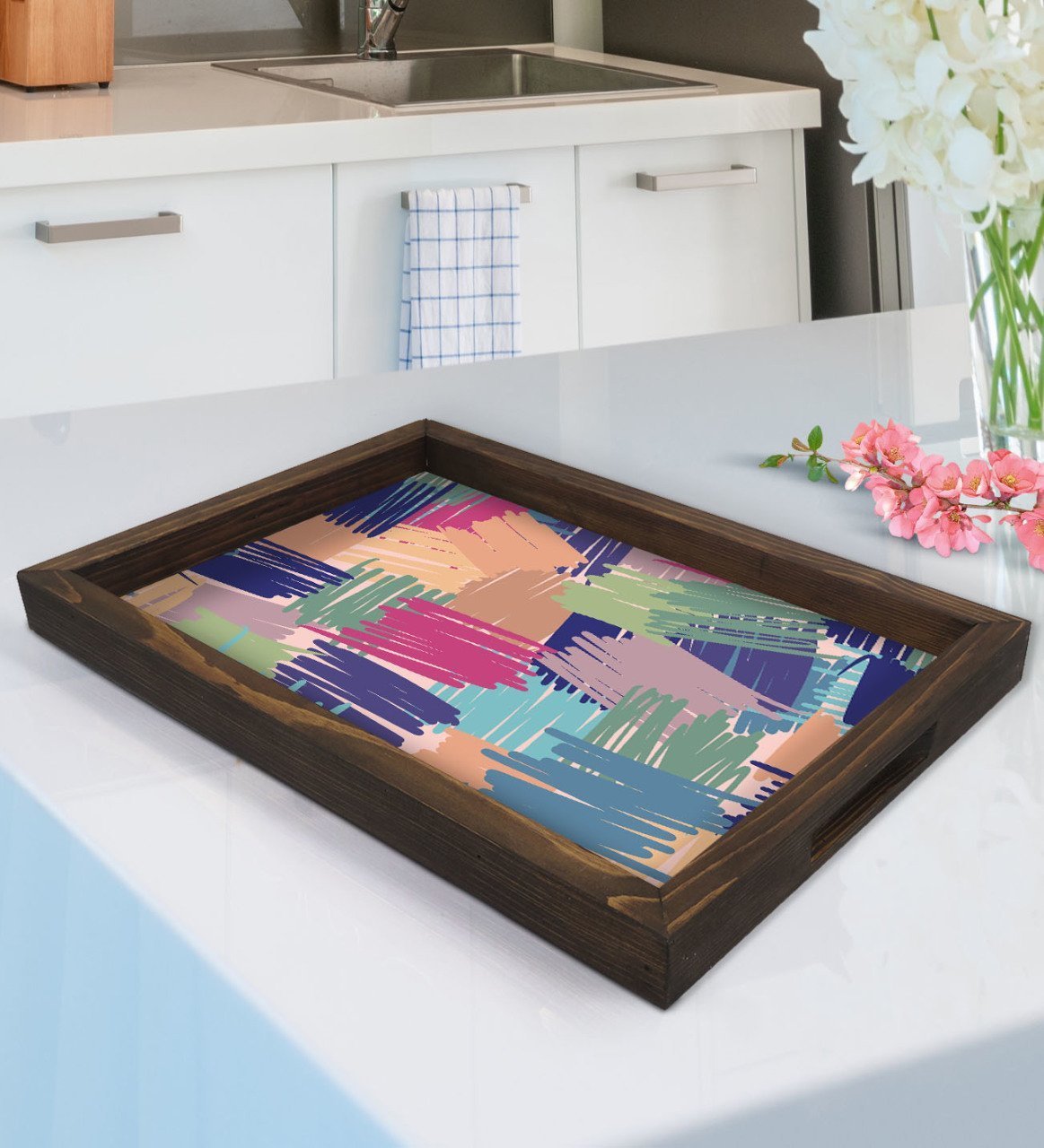 BK Gift Modern Art Tasarımlı Doğal Ahşap Tepsi-11