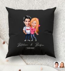 BK Gift Kişiye Özel Sevgililer Karikatürlü Premium Kumaş Siyah Kırlent Yastık, Ev Hediyesi, Ev Dekorasyonu, Kişiselleştirilmiş Yastık, Dekoratif Hediye-5