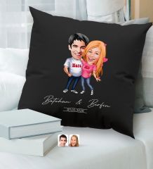 BK Gift Kişiye Özel Sevgililer Karikatürlü Premium Kumaş Siyah Kırlent Yastık, Ev Hediyesi, Ev Dekorasyonu, Kişiselleştirilmiş Yastık, Dekoratif Hediye-5