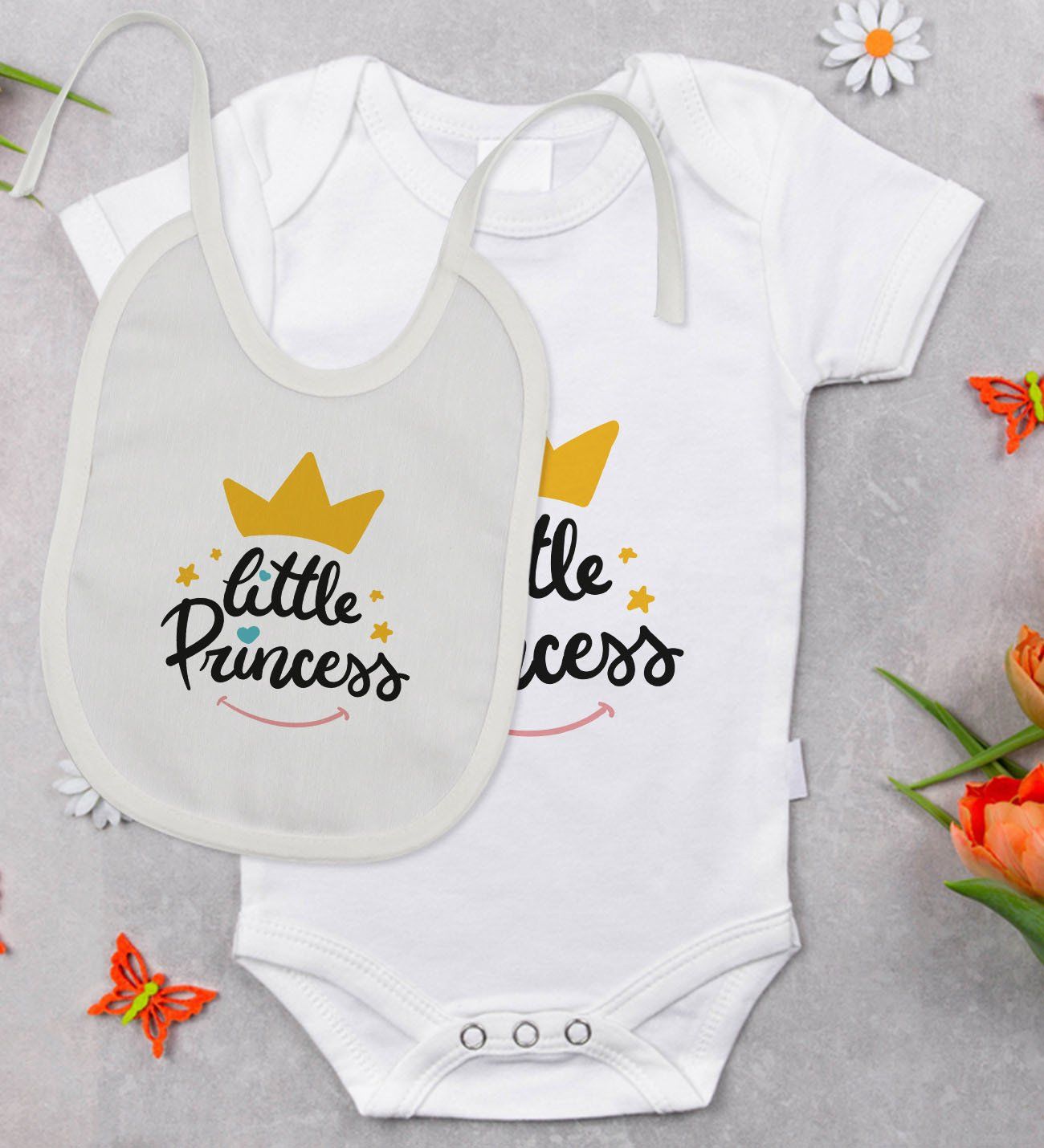 BK Kids Little Princess Tasarımlı Bebek Body Zıbın ve Mama Önlüğü Hediye Seti - Model 1